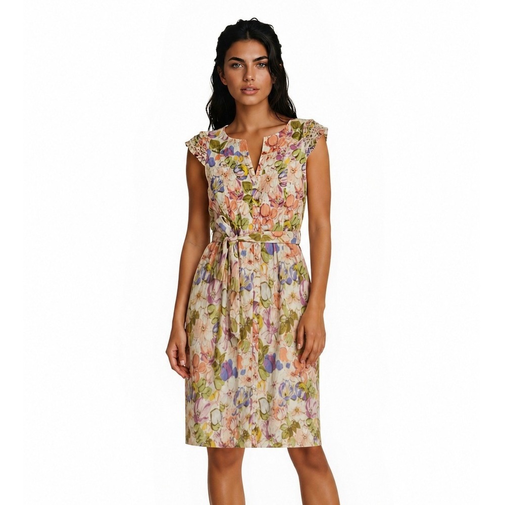 Kay‎ Unger Floral Dress Women's Size 12 Multicolor Smocked Belted Wedding Guest